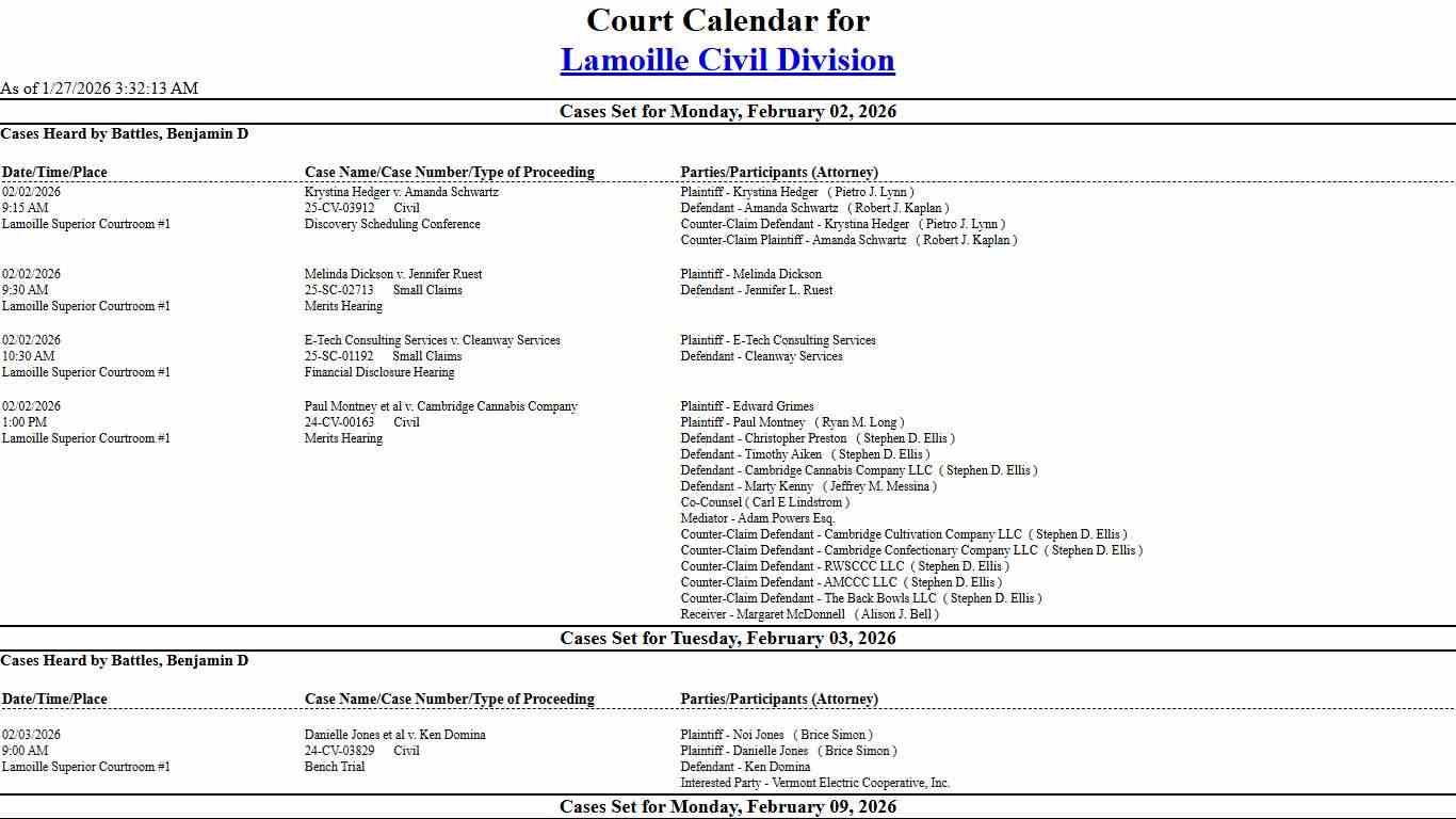 Lamoille Civil Division Calendar