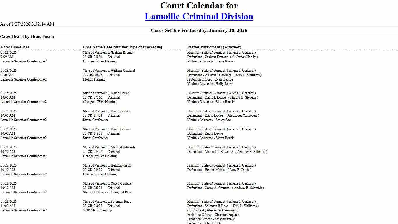 Lamoille Criminal Division Calendar