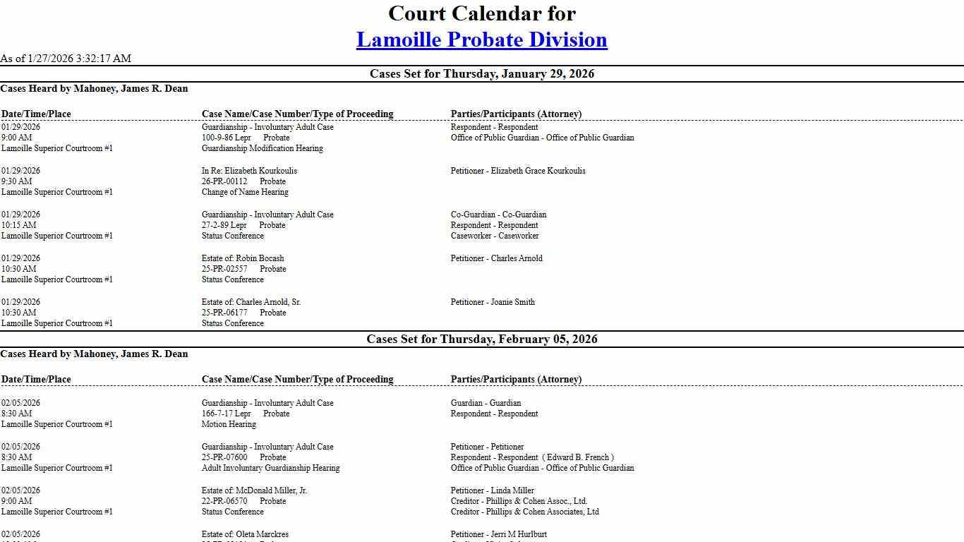 Lamoille Probate Division Calendar
